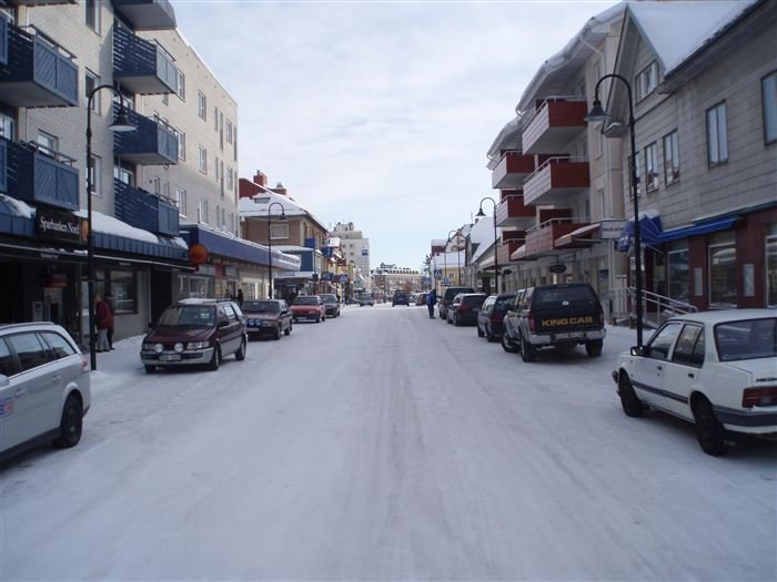 Snowy street in Kiruna city centre, Swedish Lapland
